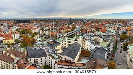 Aerial Cityscape Of Munich Historical Center With Viktualienmarkt On Square. Germany