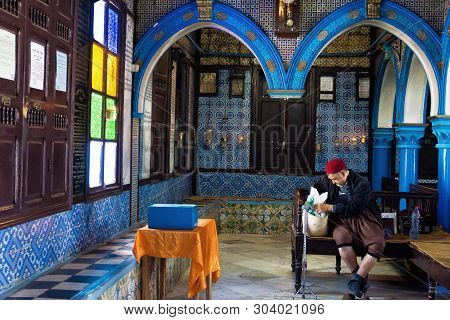 Houmt Souk, Tunisia - April 17: Man In The El Ghriba Synagogue In Houmt Souk In Djerba, Tunisia On A