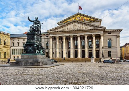 Munich, Germany - October 31, 2018: National Theatre And Monument Max-joseph Denkmal On Max-joseph-p