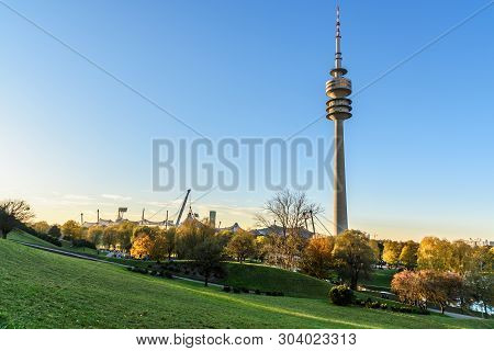 Olympic Tower In Olympic Park Or Olympiapark. Munich. Germany