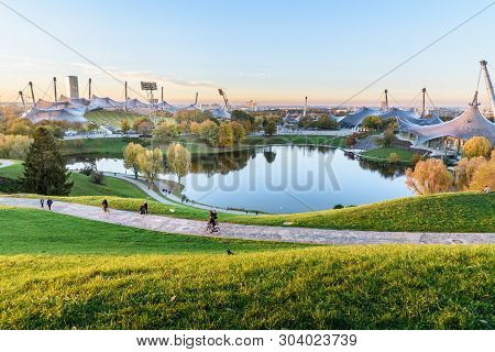Munich, Germany - November 01, 2018: Olympic Park Or Olympiapark On Sunset