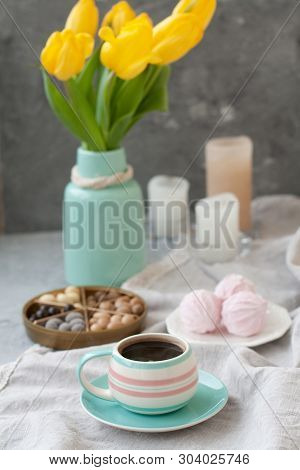 A Tasty Snack: A Cup Of Coffee, A Plate Of Zephyr And A Box Of Sweets.