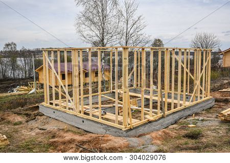 Construction Home Framing Against Blue Sky.wood Frame Residential Building Under Construction.buildi