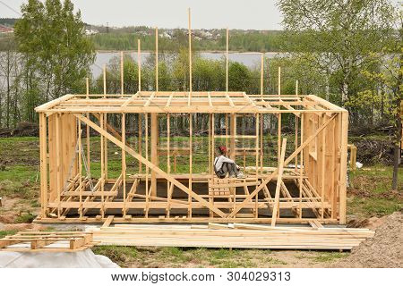 Construction Home Framing Against Blue Sky.wood Frame Residential Building Under Construction.buildi