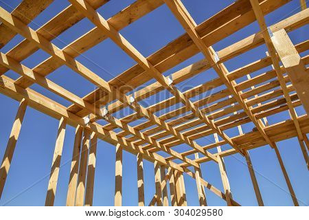 Wood Frame Residential Building Under Construction.building Construction, Wood Framing Structure At