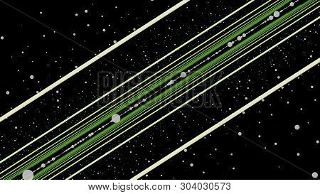 Straight Green And Beige Lines Moving And Rotating On Black Background Surrounded By Rows Of White D