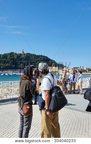San Sebastian (donostia), Basque Country, Spain - June 17, 2018: The Film Crew Makes A Family Video 