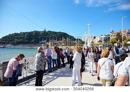 San Sebastian (donostia), Basque Country, Spain - June 17, 2018: Kontxa Pasealekua. Tourists Stroll 