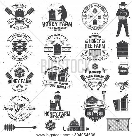 Set Of Honey Bee Farm Badge. Vector. Concept For Shirt, Print, Stamp Or Tee. Vintage Typography Desi
