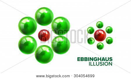 Optical Ebbinghaus Illusion With Balls Vector. Visual Illusion With Smaller Or Bigger Glossy Green A