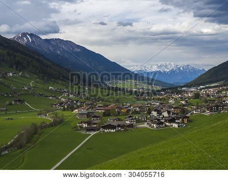Idyllic Spring Mountain Rural Landscape. View Over Stubaital Or Stubai Valley Near Innsbruck, Austri