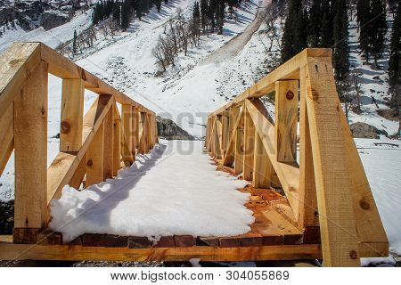 A New Timber Bridge Constructed On A Small Stream In The Mountainous Region Of Sonmarg In Kashmir Hi