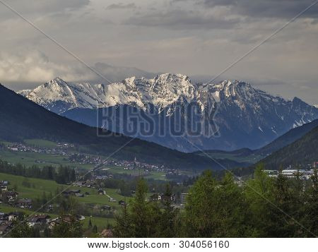 Spring Mountain Rural Landscape. View Over Stubaital Stubai Valley Near Innsbruck, Austria With Vill