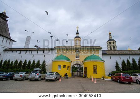 Borovsk, Russia - May, 25, 2019: image of the gate to the entrance to the Paphnuti monastery in Borovsk, Russia