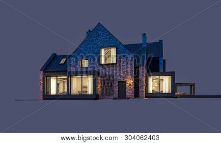 3D Rendering Of Modern Clinker House On The Ponds With Pool In Night Isolated On Gray