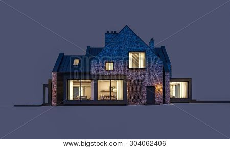3D Rendering Of Modern Clinker House On The Ponds With Pool In Night Isolated On Gray