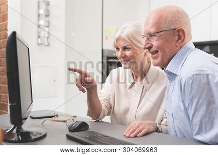 Happy Elder Couple Enjoy Together At Computer