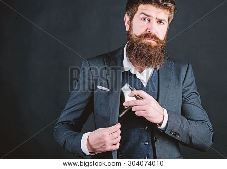 Bearded Man Drink Alcohol. Brutal Caucasian Hipster Has Bad Addiction, Alcohol. Businessman In Suit.