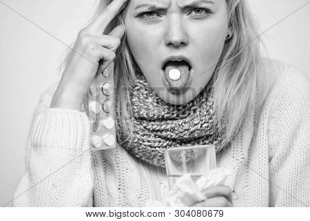 Drink Plenty Of Fluids. Breaking Fever Concept. Girl Take Medicine To Break Fever. Headache And Feve