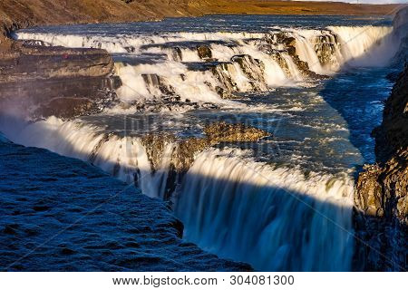 Gullfoss Waterfall View In Iceland, Europe. Gullfoss Is One Of The Most Popular Waterfalls In Icelan