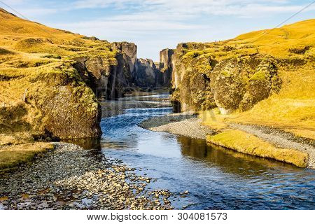 Unique Landscape Of Fjadrargljufur In Iceland. Top Tourism Destination. Fjadrargljufur Canyon Is A M