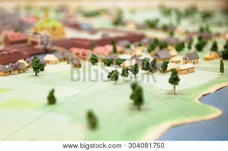 Old Town Scale Model. Tiny Houses, Streets And Trees.