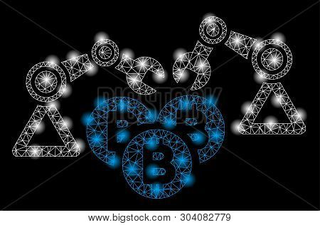 Bright Mesh Bitcoin Mining Robotics With Lightspot Effect. Abstract Illuminated Model Of Bitcoin Min