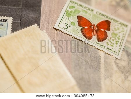 Kyiv, Ukraine -  March 24, 2019: Stamp With Butterfly Cymothoe Sangaris (blood-red Glider) From Cent