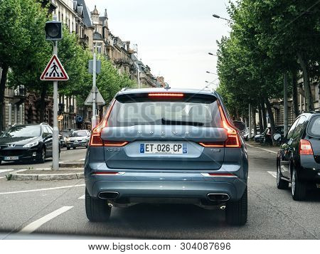 Strasbourg, France - May 2, 2018: Rear View Of Light Blue Volvo Xc60 D5 Suv Driving In Central Frenc