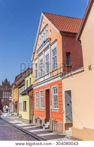 Grimmen, Germany - April 17, 2019: Colorful Houses In The Historic City Center Of Grimmen, Germany