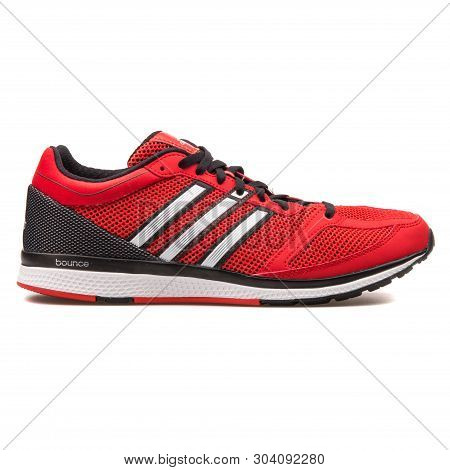 Vienna, Austria - August 10, 2017: Adidas Mana Rc Bounce Red, Black And White Sneaker On White Backg