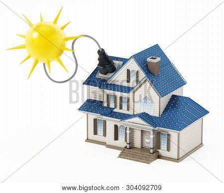 Luxury House Covered With Solar Panels Colllecting Sunbeam. 3d Illustration.