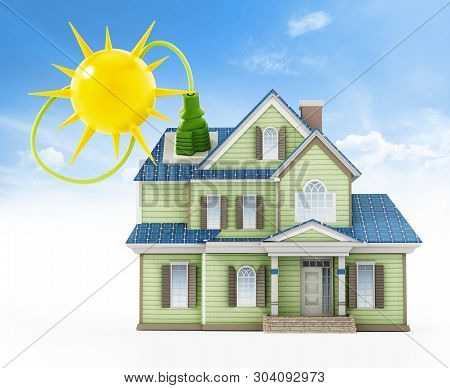 Luxury House Covered With Solar Panels Colllecting Sunbeam. 3d Illustration.