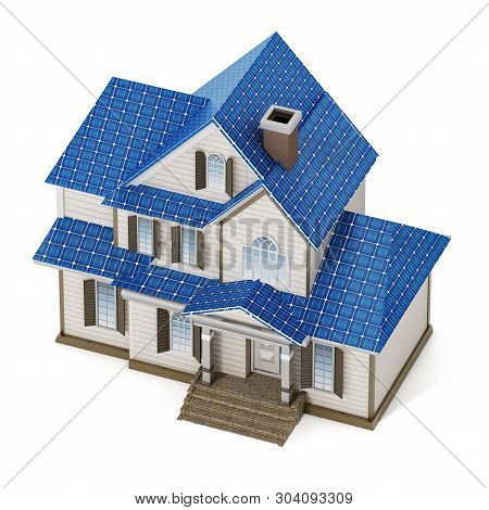 Luxury House Covered With Solar Panels Colllecting Sunbeam. 3d Illustration.