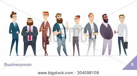 Businessman Or People Character Design Collection. Modern Cartoon Flat Style. Males Or Manegers Stan