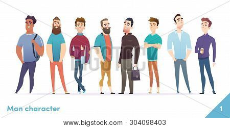 People Character Design Collection. Modern Cartoon Flat Style. Males Or Manegers Stand Together. You