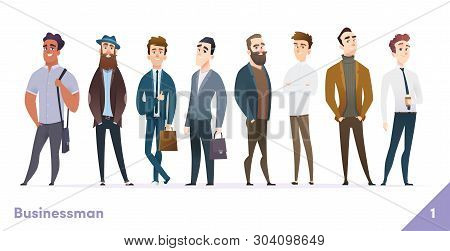 Businessman Or People Character Design Collection. Modern Cartoon Flat Style. Males Or Manegers Stan