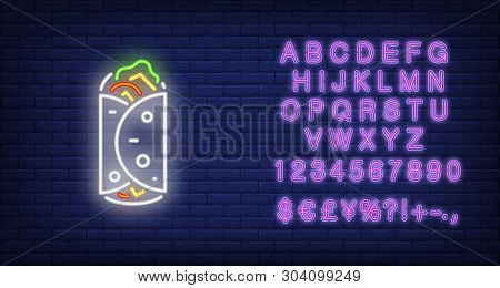 Lavash Wrap Neon Sign. Glowing Kebab In Lavash Bread. Food Concept. Night Bright Advertisement. Vect