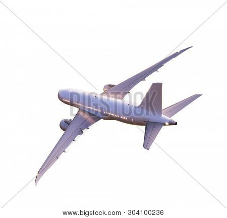Commercial jetplane isolated on white background, single object separated from background