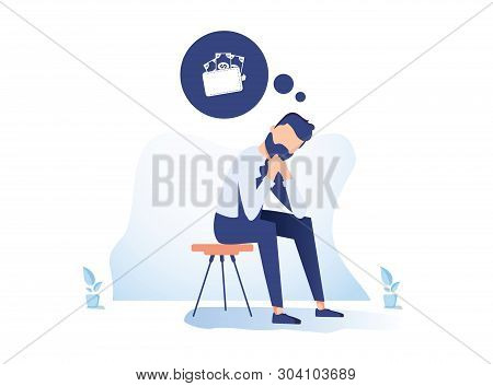 Money Problem Financial Trouble Flat Illustration. Depressed Businessman In Need Cartoon Character. 