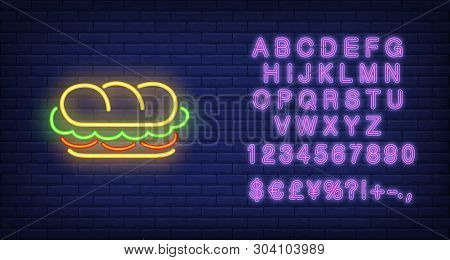 Sandwich Neon Sign. Glowing Sandwich Banner In Neon Style. Food Concept. Night Bright Advertisement.