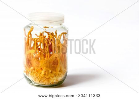 Cordyceps Militaris In Glass Bottles.fresh Cordyceps Militaris In Glass Bottles.on A White Backgroun