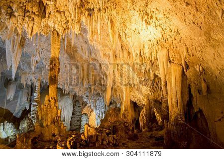 The Miracle Of The Formation Of Stalagmites In The Dark Hall, Khao Chang Hai Cave, Trang Province Th