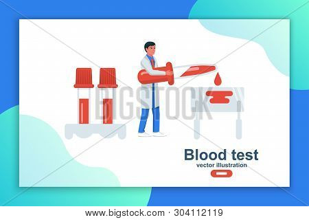 Doctor Holding In Hand Test Blood On Glass Slide. Laboratory Analysis Blood. Template Medical Landin