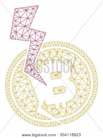 Mesh Bitcoin Crash Lightning Model Icon. Wire Frame Polygonal Network Of Vector Bitcoin Crash Lightn
