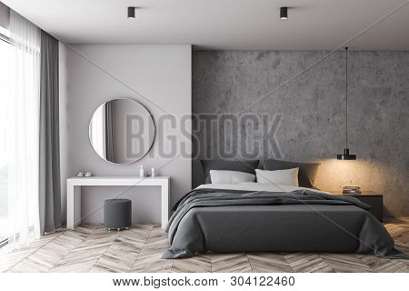 White And Concrete Bedroom With Makeup Table