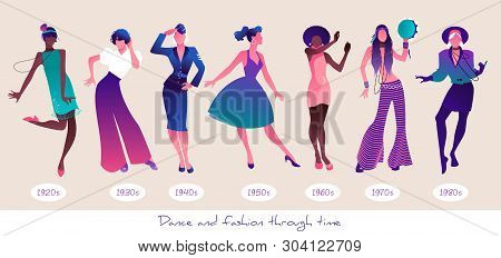 Dance And Fashion Through Time. Set Seven Women Dancing Wearing Clothes From Different Eras, From Th