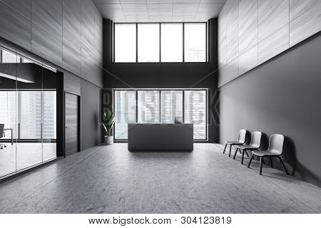 Reception Table In Gray Open Space Office Interior