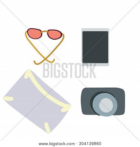 Vector Illustration Top View Luggage. Flat Lay Concept. Open Packed Suitcase. Advertising, Poster, B