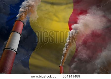 Pollution Fight In Romania Concept - Industrial 3d Illustration Of Two Large Factory Pipes With Dens